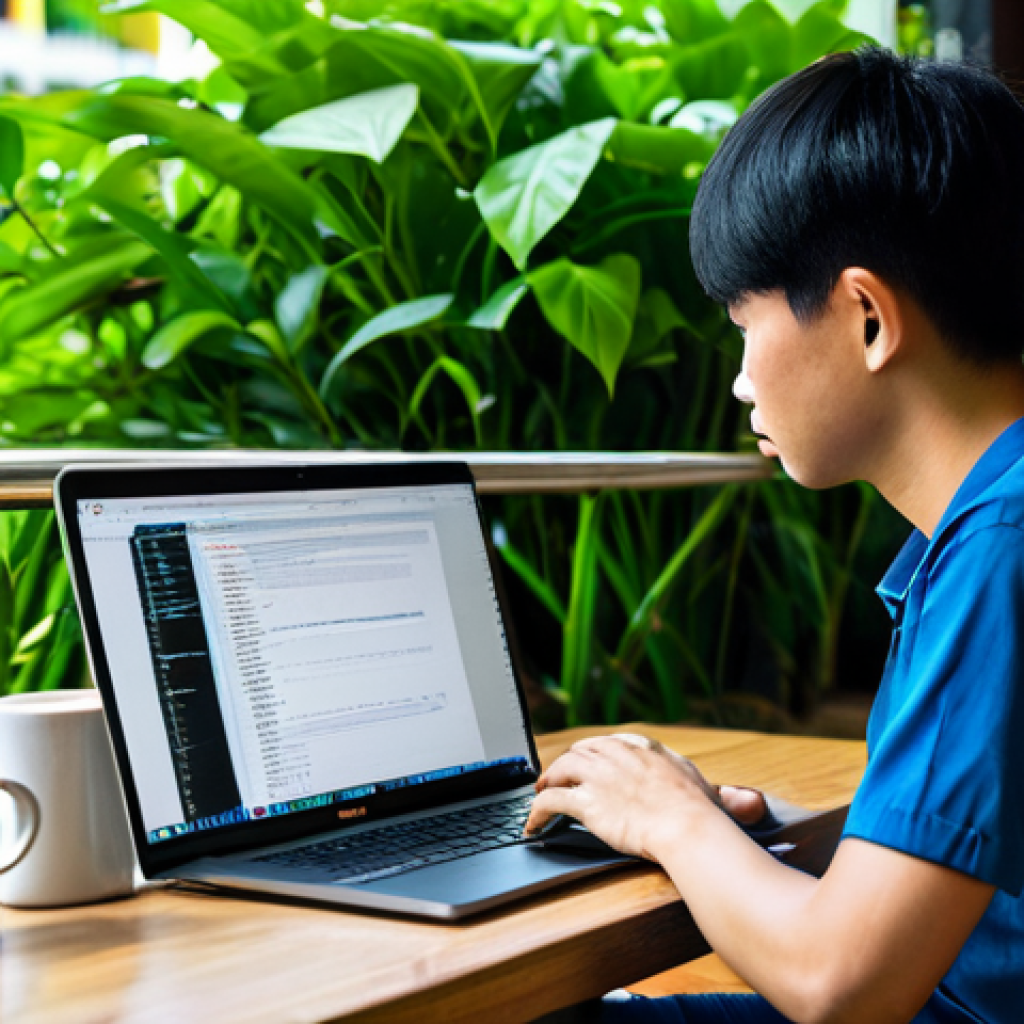 웹개발자 개발 블로그 운영 - **Prompt:** A bustling Ho Chi Minh City cafe, a young Vietnamese web developer sits at a table, lapt...