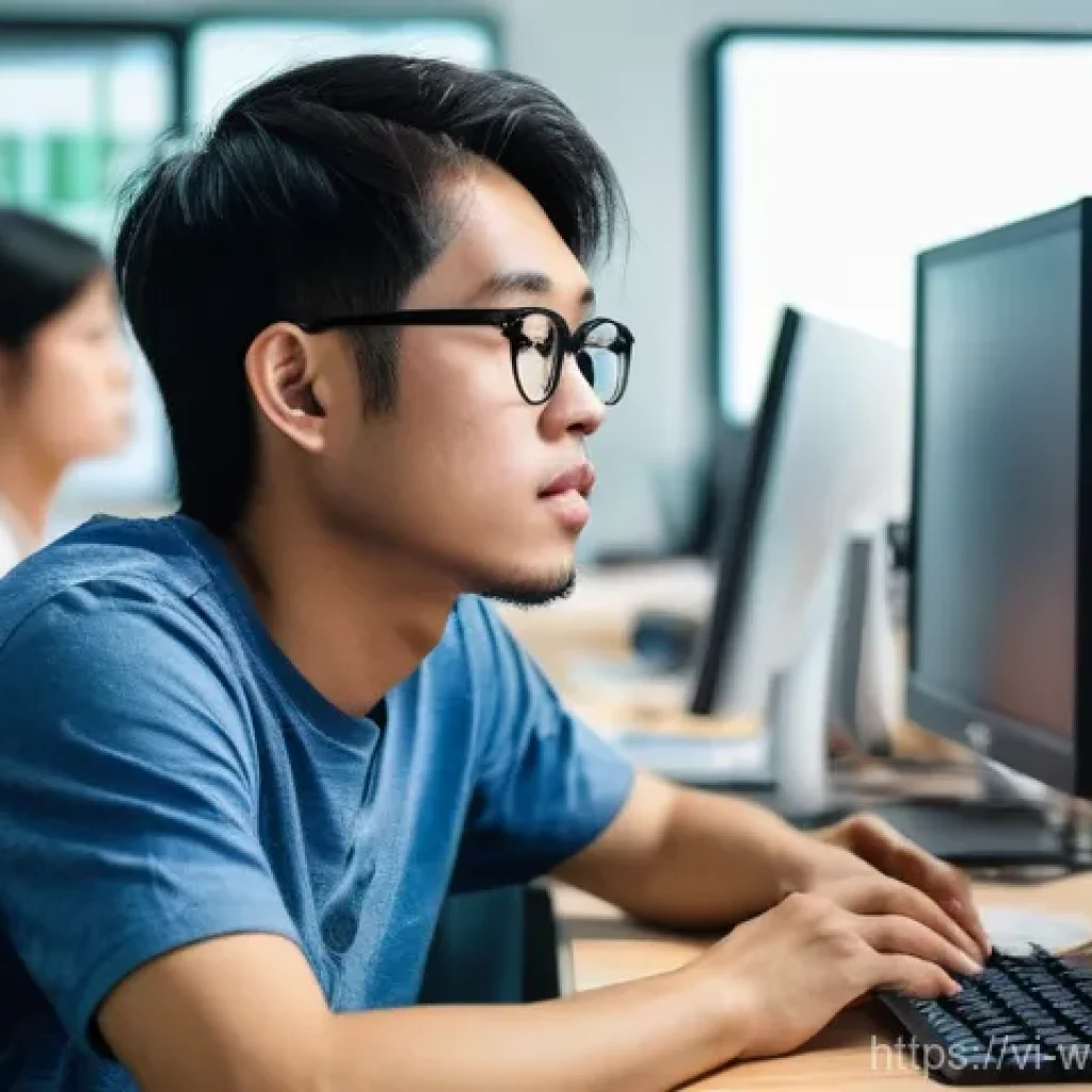 웹개발자 실무와 이론 차이 - **Prompt:** A young Vietnamese programmer, early 20s, with a slightly overwhelmed but determined exp...