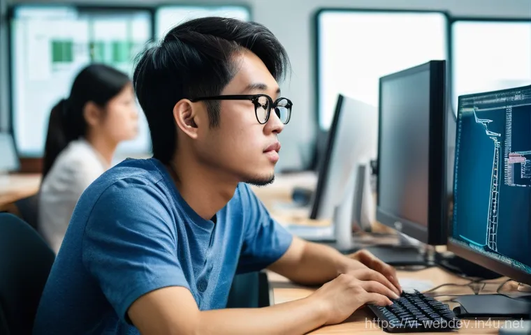 웹개발자 실무와 이론 차이 - **Prompt:** A young Vietnamese programmer, early 20s, with a slightly overwhelmed but determined exp...