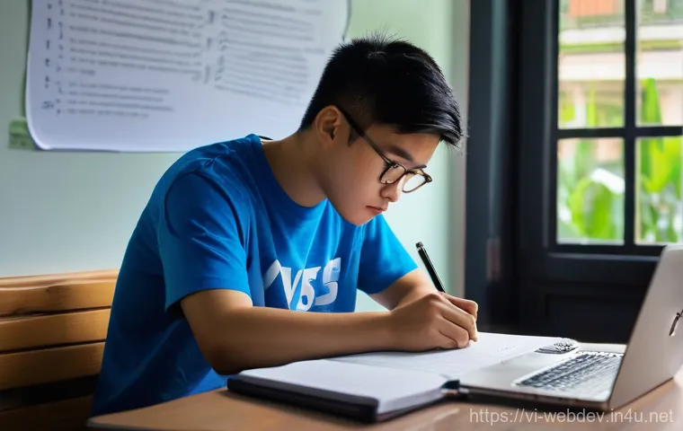 웹개발자 시험 준비법 - **Prompt:** A focused young Vietnamese male student diligently studying web development at a clean, ...