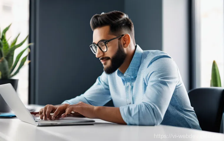 웹개발자 코드 스니펫 활용 - **Prompt:** A dynamic, wide shot of a focused web developer in their late 20s or early 30s (gender-n...
