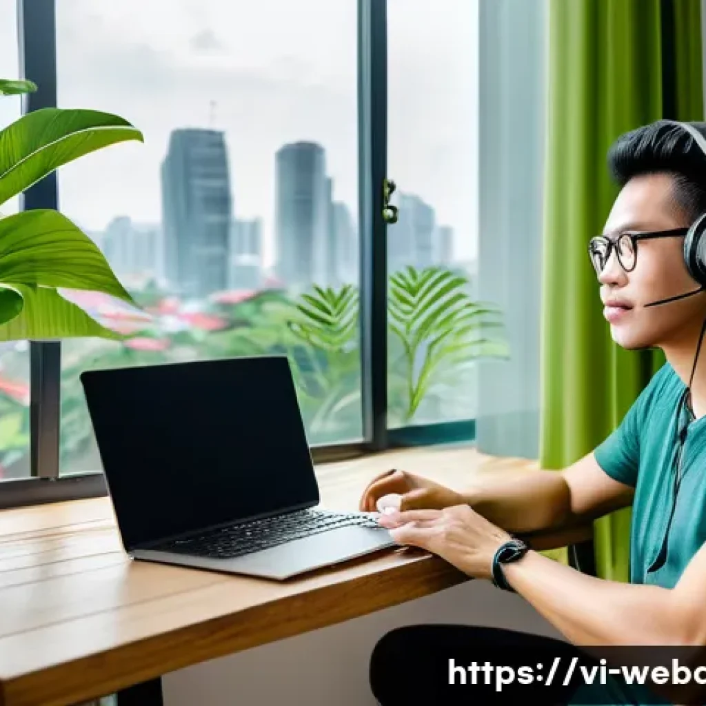 웹개발자 리모트 워크 - A Vietnamese web developer working remotely from a cozy home office in Ho Chi Minh City, surrounded ...