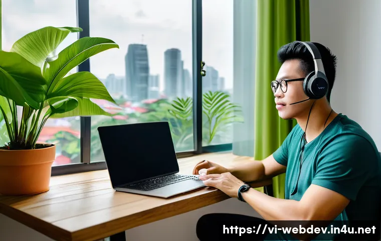 웹개발자 리모트 워크 - A Vietnamese web developer working remotely from a cozy home office in Ho Chi Minh City, surrounded ...