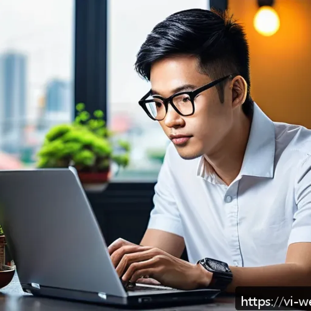 웹개발자 취득 순서 - A modern Vietnamese software developer workspace featuring a young professional wearing casual attir...