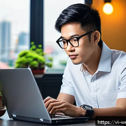 Home 33 웹개발자 취득 순서 - A modern Vietnamese software developer workspace featuring a young professional wearing casual attir...