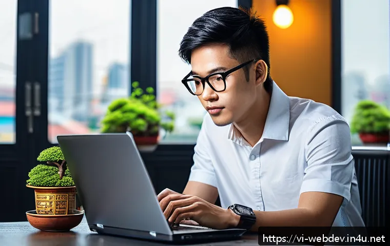 웹개발자 취득 순서 - A modern Vietnamese software developer workspace featuring a young professional wearing casual attir...