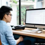 Home 20 웹개발자 이론 공부법 - A modern Vietnamese web developer’s workspace featuring a young adult wearing casual clothes and gla...