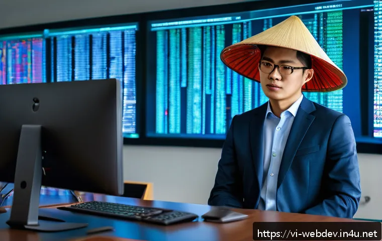 웹개발자 웹 보안 학습 - A detailed digital illustration of a Vietnamese cybersecurity expert in a modern office, analyzing a...