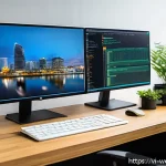Home 18 웹개발자 백엔드 실무 - A modern backend developer workspace in Vietnam, featuring a large monitor displaying code in PHP, N...