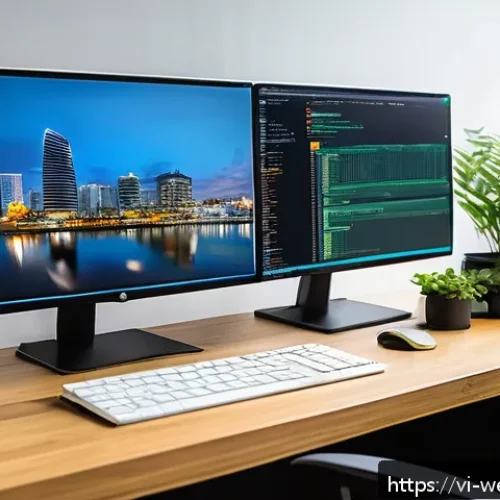 Home 30 웹개발자 백엔드 실무 - A modern backend developer workspace in Vietnam, featuring a large monitor displaying code in PHP, N...