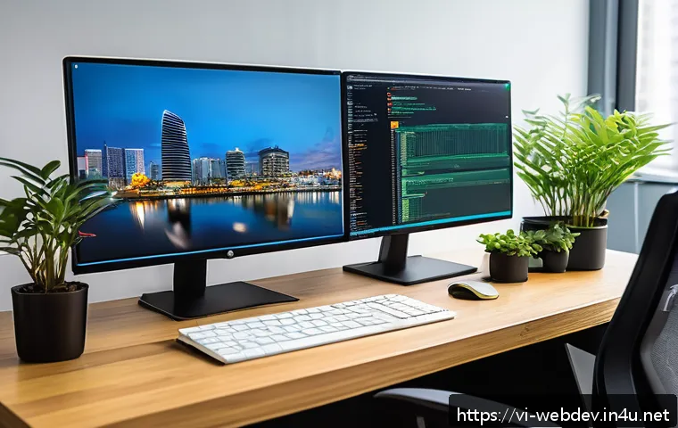 웹개발자 백엔드 실무 - A modern backend developer workspace in Vietnam, featuring a large monitor displaying code in PHP, N...