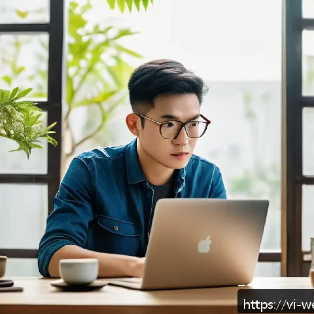웹개발자 커리어 패스 - A modern Vietnamese web developer workspace with a young professional coding on a laptop, displaying...