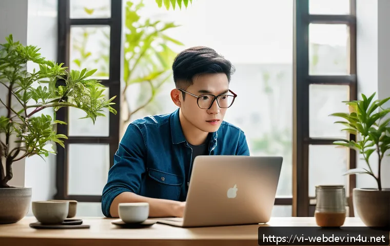 웹개발자 커리어 패스 - A modern Vietnamese web developer workspace with a young professional coding on a laptop, displaying...